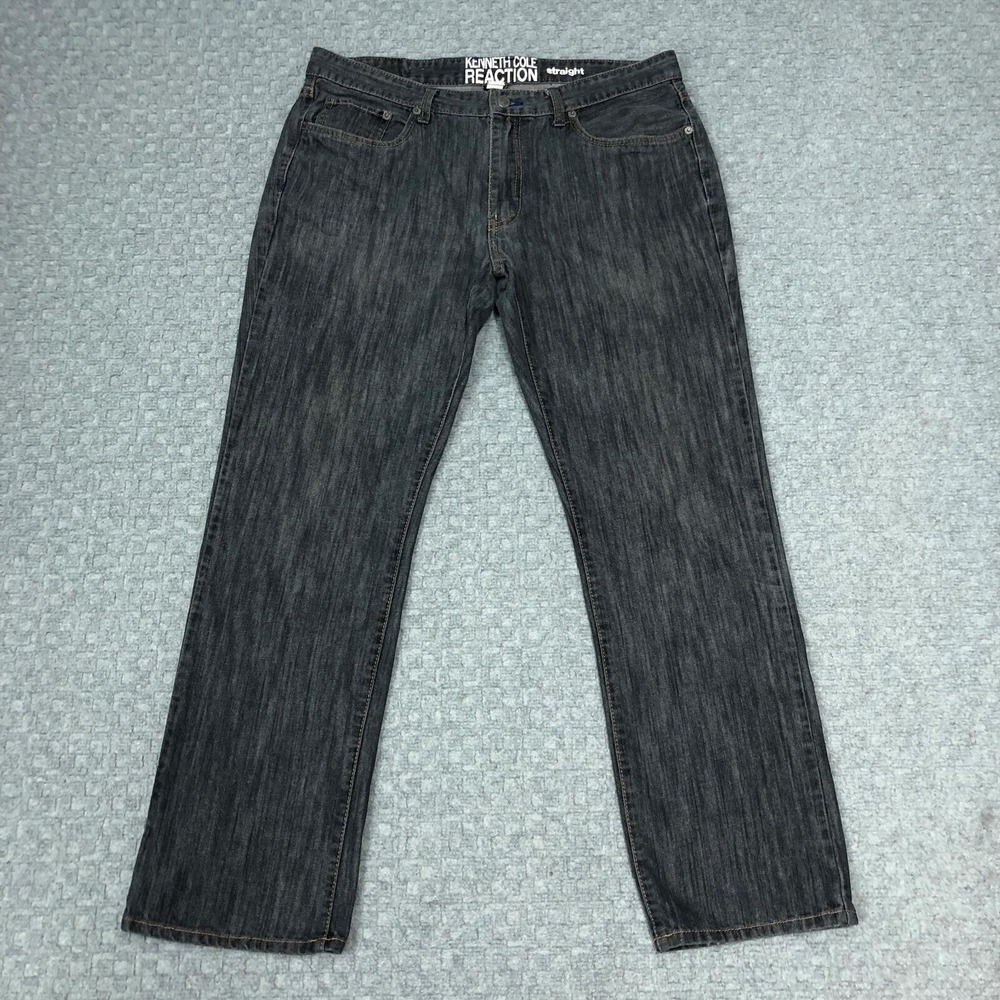 Kenneth Cole Reaction Jeans Mens 36x32 Gray Charcoal Straight Leg Denim Casual